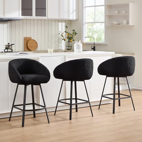 Image of Zesthouse Swivel Counter Height Stool, Modern Single Bar Stool for Kitchen Island, 26'' Black Sherpa Kitchen Counter Height Chair with Barrel Arms & Back, Upholstered Fabric Bar Chairs with Metal Legs