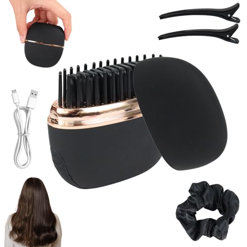 Mini Hair Straightener Brush Wireless, 3 niveles de temperatura, cepillo alisador portátil recargable con goma de seda y 2 pinzas para el pelo para todos los peinados, adecuado y de viaje (negro)