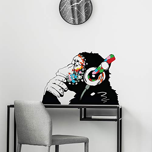 Banksy Wall Stickers - Large Banksy Monkey With Headphones Wall Art - DJ Chimp Thinker in Earphones Decal (80x55 cm) - Image 2