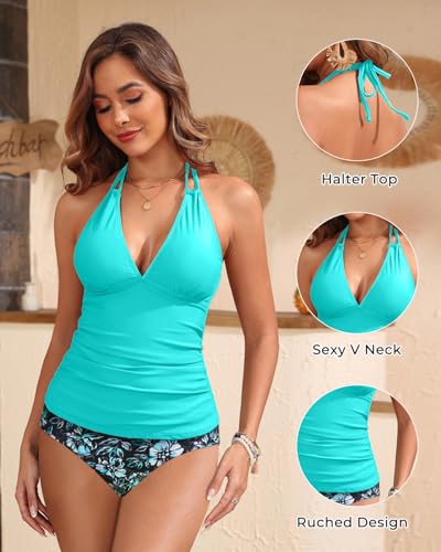 Image of Yonique Womens Two Piece Swimsuits Tummy Control Tankini Plus Size Bathing Suit Halter V Neck Swimwear