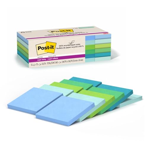 Post-it Notes Super Adhésives Recyclées 7,6x7,6 cm 12 Blocs Oasis