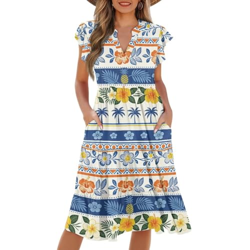 Image of Women's Casual Ruffle Sleeve Dress V Neck Pullover Dress Flowy A-Line Pleated Lightweight Dress with Pockets
