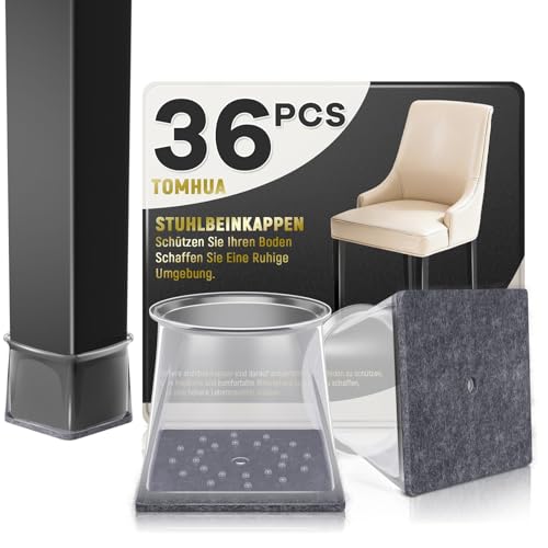 TOMHUA 36 Stück Stuhlbeinkappen Eckig Silikon Schutzkappen für Stuhlbeine Stuhlbeinschoner Transparent für Hartholzböden Kein Lärm Kein Kratzer(Fit:27-34mm)
