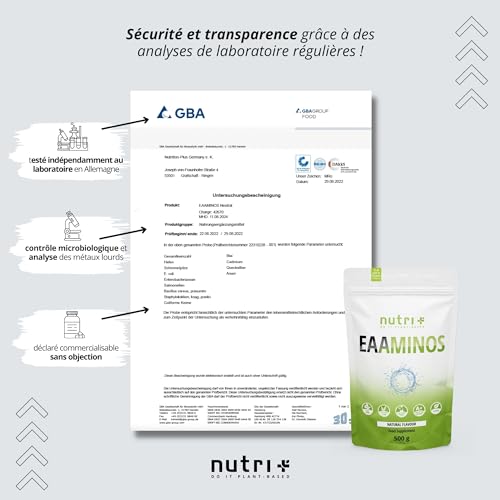 Nutri + Eaa 9 acides aminés poudre - Poudre d'EAA Neutral 500g - Haute dose - AAE instantanés goût neutre sans édulcorants, additifs & goût artificiel - Vegan Essential Aminos – Image 7