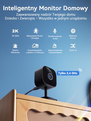Outinput 2K Plug-in Überwachungskamera Innen, WLAN Indoor Kamera mit Nachtsicht, Hundekamera mit App, Bewegung&Geräusch-Erkennung, 2-Wege-Audio, Sirene, SD&Cloud-Speicher, für Baby&Haustiere, Schwarz