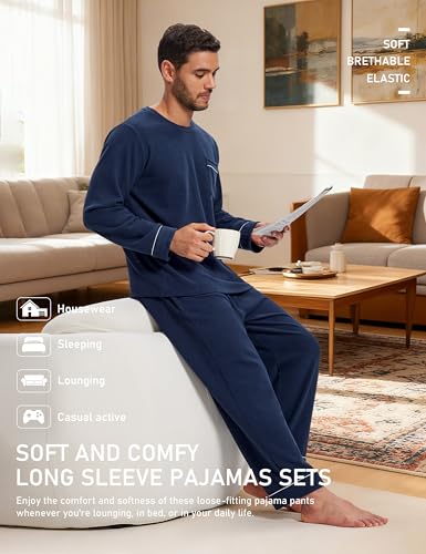 Image of Mofiz Men's Pajama Sets Viscose Long Sleeve Crewneck Warm Sleepwear