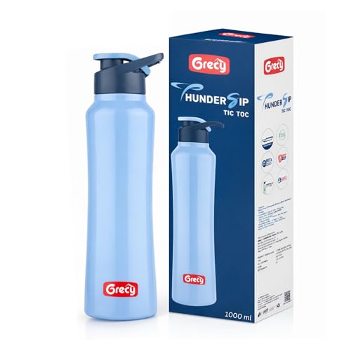 Image of GRECY Tic Toc Steel Water Bottle 1 ltr Light Blue | Single Wall Steel Bottle for Fridge 1 litre | Flip Cap Leak Resistant | BPA Free Food Grade Steel | Lightweight | Office,Gym,Travel Made in India