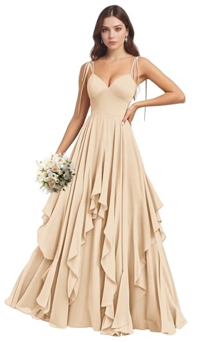 SNOWROSE Chiffon Bridesmaid Dresses for Women V Neck Spaghetti Straps Long Formal Evening Dress with Ruffle