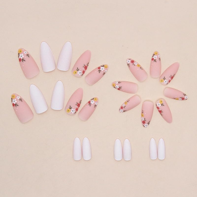 Miniatura 3 de EALGA-LA025 - Uñas postizas a presión color blanco y rosa con diseño de flores, juego de uñas postizas largas con forma de almendra, autoadhesivas