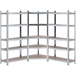 Estanterias Metalicas Modulares Baratas Orion91 - Pack 2 Estanterías Modulares + 1 Estantería Esquinera, Acero y MDF Antihumedad, Hogar, Trastero, Garaje, Taller, Comercio, 5 Baldas Ajustables, Carga Máx. 875Kg (x3)