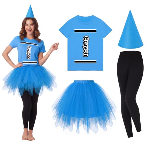 Mepase 4 Pcs Crayon Costume Set Crayon T Shirt Tutu Skirt Gnome Cone Hat Leggings for Women Group Team Outfit(Light Blue M)