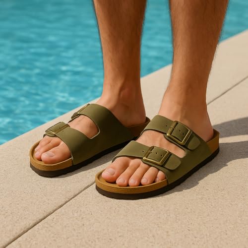 CUSHIONAIRE Lane Cork Footbed Mens Sandals, Adjustable Buckle Comfort Slides for Men, Genuine Leather Insole Summer Sandals Men Footwear3