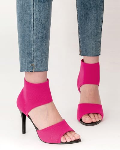 Image of Peep Toe Heels for Women Sexy 3 Inches Stiletto Heeled Sandals for Women Open Toe Wide Stretchy Knit Heel Sandal Booties Slip On Comfortable Dressy Shoes for Prom, Party and Work