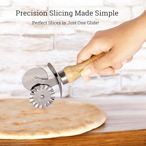 Image of Kreshu 2 in 1 Stainless Steel Double Tip Wheel Pizza Cutter with Wooden Handle | Kitchen Tool Accessories for Pizza & Pastry Pasta Spaghetti Ice Cream Cubes Cutting and Sandwich Slicer (Pack of 1)