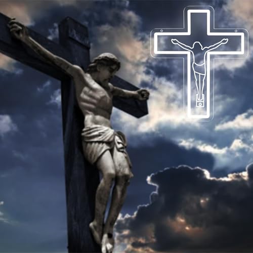 Image of Jesus Saves Crucifix Neon Signs Dimmable Cross Neon Llight Christian Easter wall decor for Home, Sacred Spaces, Prayer Rooms Gift Art-14.5 x 12.2IN-USB Powered-Acrylic