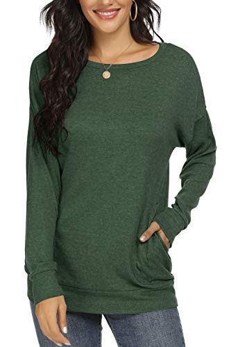YSYOKOW Womens Casual Loose Shirts Long Sleeve Blouses Tunic Tops with Pockets(Green, XX-Large)
