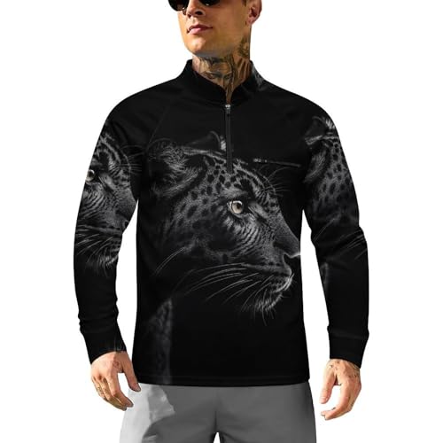 Close-up of Black Leopard Men's Sun Protection Shirts UV SPF UPF 50+ Long Sleeve Rash Guard Lightweight