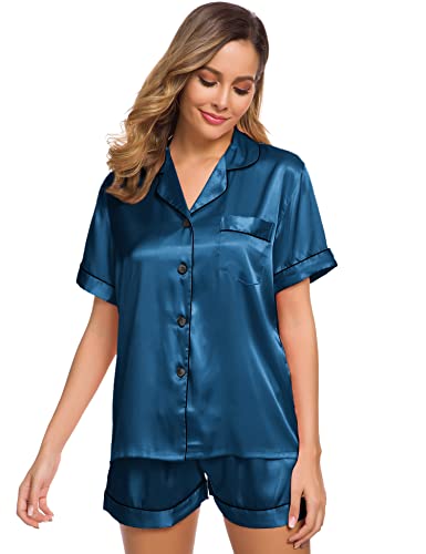 Image of SWOMOG Womens Silk Satin Pajamas Set Two-piece Pj Sets Sleepwear Loungewear Button-Down Pj Sets Peacock Blue