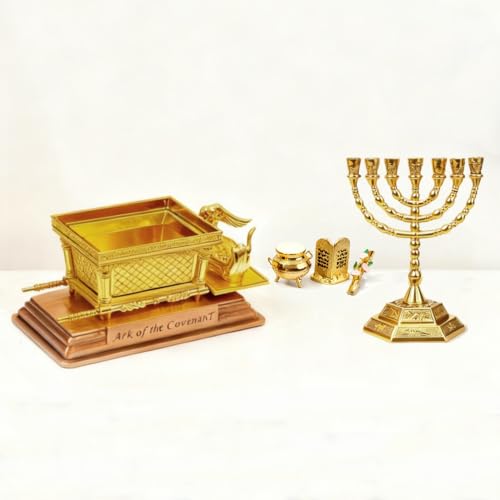 Golden Ark of the Covenant Seven Branch Menorah Ten Commandments Tablets Aarons Rod & Golden Censer Jewish Sacred Set Crafted Home Decor Collections Meaningful Gifts for Tabletop Bookshelf Office