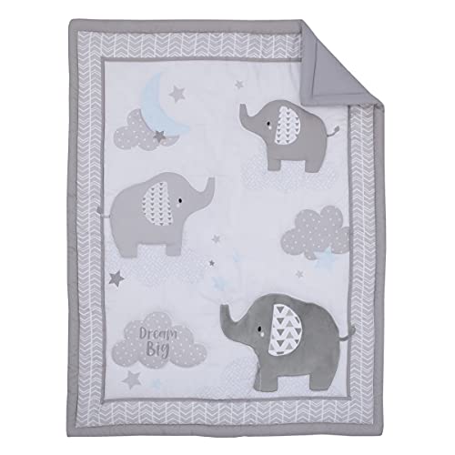 Nojo Elephant Stroll Dream Big Clouds & Stars With Chevron Border 3Piece Nursery Crib Bedding Set - Comforter, Fitted Crib Sheet, & Crib Skirt, Grey, White, Charcoal, Blue #TOP1