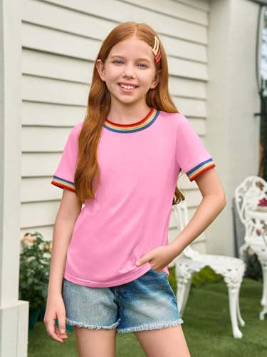 Haloumoning Girls Short Sleeve T Shirts Kids Summer Rainbow Trim Ringer Tees Crewneck Tops 5-14 Years3