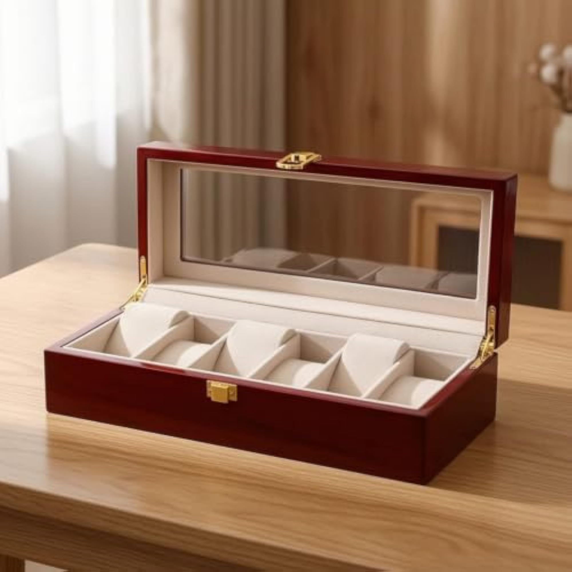 Lacquered Watch Storage Box with Glass Lid, Luxury Organizer