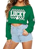 Saint Patricks Day Women Crew Neck Long Sleeve Clover Graphic Lucky Crop Top 1 Cute Shirt S