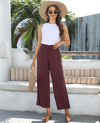 Image of siliteelon Wide Leg Linen Pants for Women Summer Capri Palazzo Flowy Pants Casual Loose High Waist Trousers with Pockets