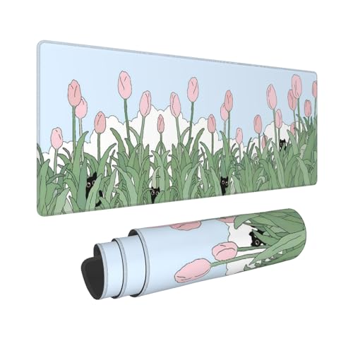 Tulip Flower Cat Mouse Pads,Large Cute Anime Gaming Desk Mat,Kawaii Pink Floral Sage Green Plant Mousepad for Women Girls,Aesthetic Desktop Keyboard Mat with Stitched Edges for Office Home,31.5x12in