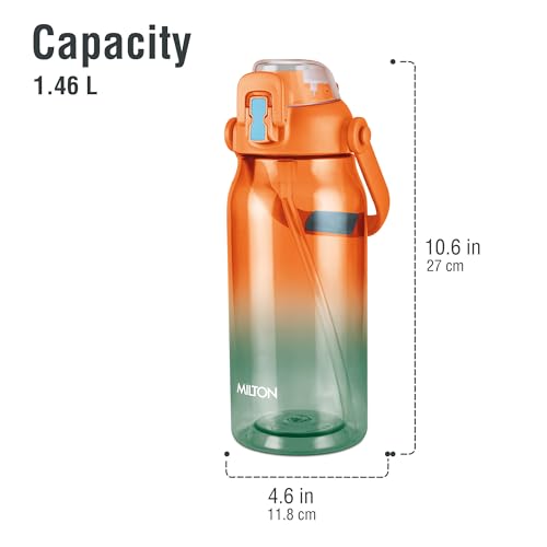 Image of MILTON Juwel 1500 Premium Crystal Clear Unbreakable Material Sipper Water Bottle | BPA Free | One-Touch Open|Leak-Proof | Sturdy Handle Cum Mobile Holder | Ideal for Office, School, Gym, 1460ml,Orange