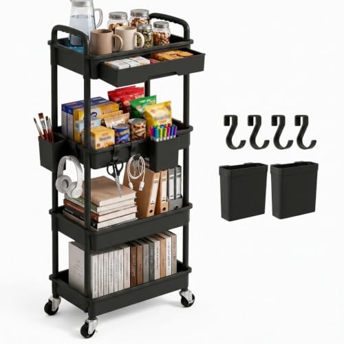 LLMRR 4 Tier Rolling Storage Cart with Drawer, Utility Carts with Wheels