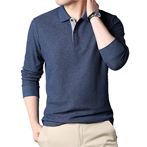 Polo homme manches longues bleu coton anti-déformation taille L