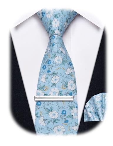 Image of YourTies Cotton Floral Tie for Men 2.5 inch Printed Skinny Necktie Pocket Square Tie Clip Set Flower Wedding Party Groom