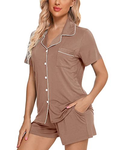 Image of Anjue Womens Pajamas Set Short Sleeve Sleepwear Button Down Nightwear Shorts Soft Pj Sets S-XXL