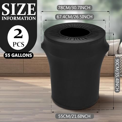 Image of Tanlade 2 Pcs 55 Gallon Stretch Trash Can Spandex Cover Outdoor Waste Garbage Can Spandex Covers for Indoor Kitchen Outdoor Round Waste Container Bin, Without Trash Bin (Black)