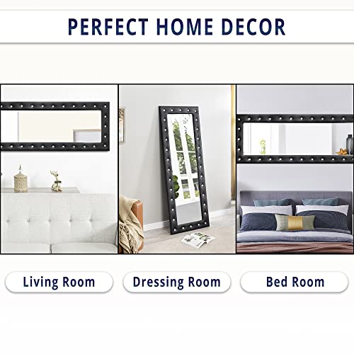 Crystal Tufted Full Length Mirror For Home, 63"Lx22"W Hanging Or Leaning Vanity Mirror, Full Body Mirror For Bedroom, Large Mirror With Faux Wood Frame, Wall Mirror/Floor Mirror For Living Room- Black #TOP6