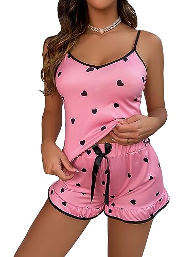 GORGLITTER Women's Pyjama Sets Heart Graphic Lettuce Cami Tops and Shorts Pjs Set 2 Piece Loungewear Pink S