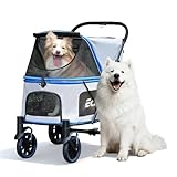EchoSmile Hundewagen für Große Hunde bis 70kg, Faltbar Hundebuggy mit Netzfenstern, Verstellbarem Griff & 4 Geländegängige Räde (Grau + Blau)