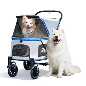 EchoSmile Dog Stroller for Large Dogs, 135lbs Weight Extra Large Pet Stroller, 4 Wheels Cats & Dogs Carrier with Brakes, Breathable Mesh Windows & Pocket, Blue