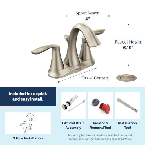 Image of Moen Eva Brushed Nickel Two-Handle 4-Inch Centerset Bathroom Faucet with Drain Assembly, Bathroom Faucets for Sink 3-Hole, 6410BN