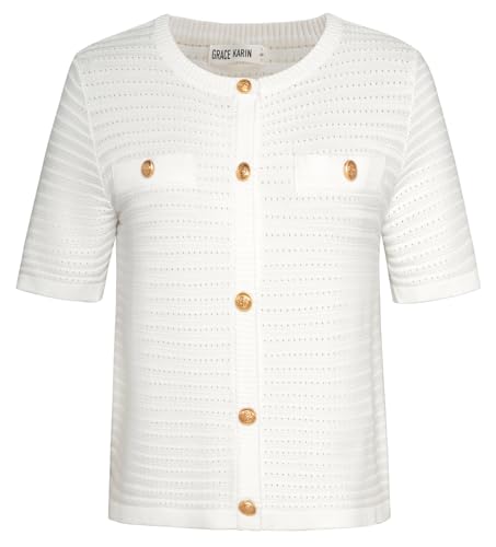 GRACE KARIN Women’s Cardigan Short Sleeve Button Down Lightweight Cropped Cardigan Textured Knitted Sweater Tops - Image 3