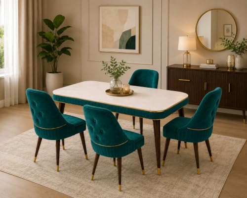 Image of WOODEN SPACE Majestic 4 Seater Wooden Dining Table Set | Urban Marble Top Dining Table with Chairs for Dining Room & Kitchen (Modern Grand Aura Sea Blue) (54x36x30 inch)