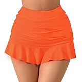 Halcurt Women's High Waisted Ruffle Swim Skirts with Short Tummy Control Ruched Bikini Swimsuit Bottoms Orange L