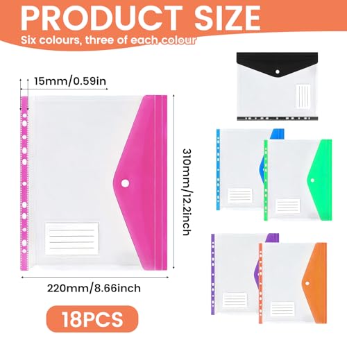 18PCS Plastic Wallets A4 Punched Pockets, Expandable Folders 11 Holes Coloured A4 Folders Document Popper Files With Snap Button And Label Pocket Large Capacity Binder Pocket (Horizontal) - 2