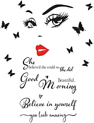 Pretty Eyelashes Sticker and Red Lips Vinyl Wall Sticker, Beauty Salon Wall Sticker, She Believed She Could, So She Did Inspirational Quote Sticker for Women Room Girls Bedroom