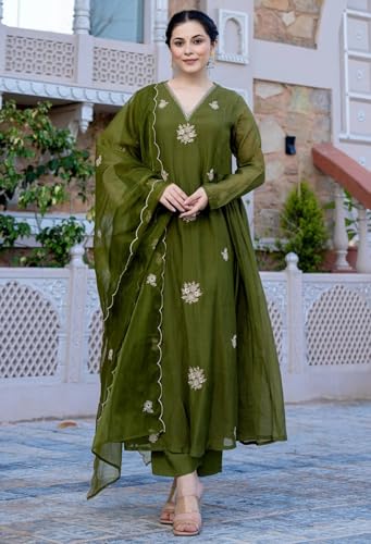 Image of Nermosa Women Embroidery Solid Anarkali Kurta and Pant Set with Dupatta