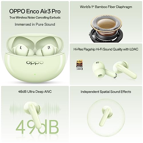 Image of Oppo Enco Air3 Pro True Wireless in Ear Earbuds with Industry First Composite Bamboo Fiber, 49dB ANC, 30H Playtime, 47ms Ultra Low Latency,Fast Charge,BT 5.3 (Green)
