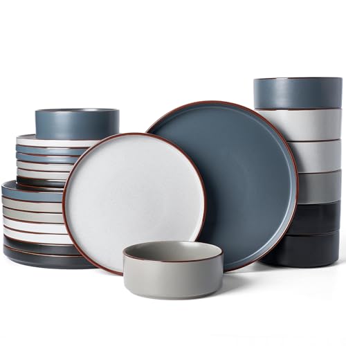 Image of Famiware Nebula Ridge Stoneware Dinnerware Sets for 8, 24 Pieces Plates and Bowls Sets, Dishes Set, Microwave and Dishwasher Safe Kitchen Plates, Multi-color