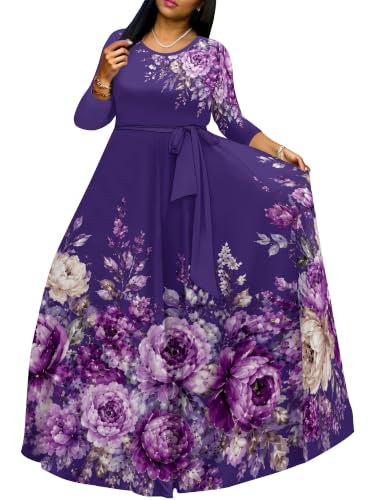Image of Plus Size Maxi Dress for Women V Neck 3 /4 Sleeve Wrap Dress