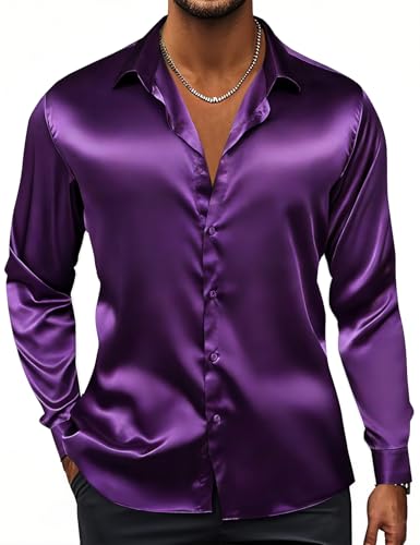 Image of Hi-Tie Men's Silk Satin Dress Shirts Long Sleeve Shiny Casual Button Up Shirts Luxury Party Disco Prom Wedding Shirt